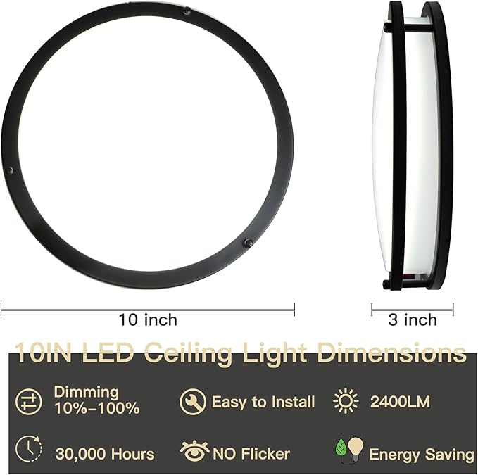 10inch Ceiling Light Fixture 2 Pack Black, 24W Led Ceiling Light Fixture 2400LM, Adjustable Brightness Flush Mount Ceiling Light for Bedroom, 5000K Daylight White, ETL Listed, Easy to Install