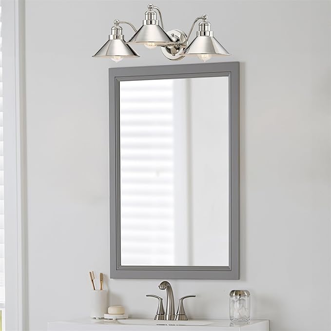 Kira Home Welton 25.5" 3-Light Modern Farmhouse Vanity Light with Funnel Shades, Industrial Wall Sconce Bathroom Light, Polished Nickel Finish