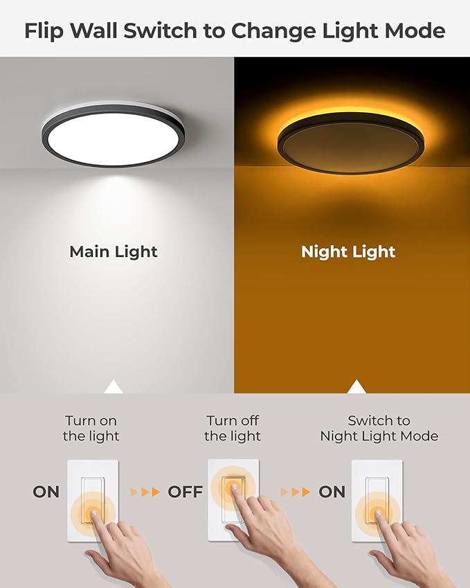 Matane 2Pack Dimmable Flush Mount Ceiling Light Fixture with Night Light, 18W 3000K 4000K 5000K, LED Low Profile Ceiling Lights for Bedroom Hallway Kitchen, 8.7inch Black Round