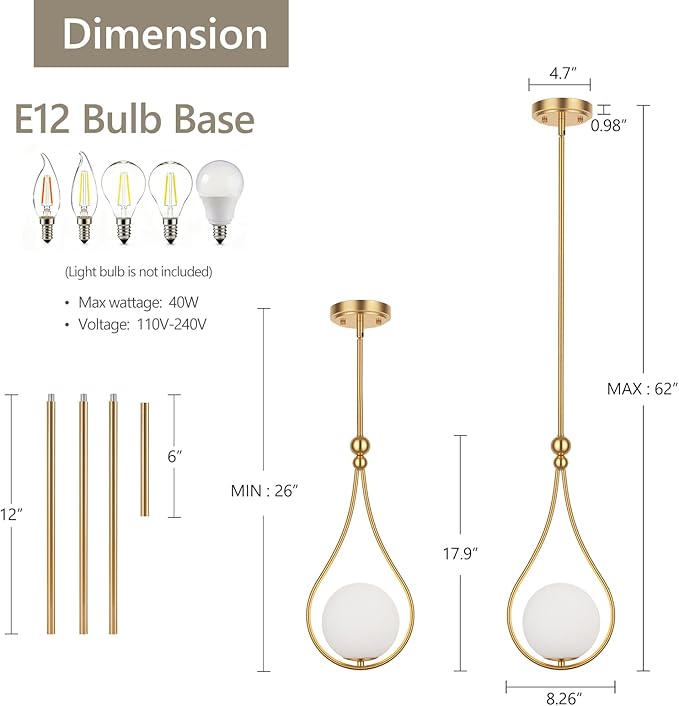 Gold Pendant Lights with Milky White Globe Glass Pendant Lights Kitchen Island Adjustable Mid Century Hanging Pendant Light Fixtures for Kitchen Dining Room Entryway, 1 Pack