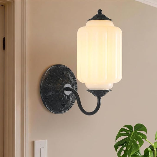 LOUSACE Antique Wall Sconce with Milk White Glass Shade, Vintage Wall Light Fixture, Mid Century Restro Bathroom Vanity Light, Indoor Wall Lighting for Bedroom Living Room Hallway (Bulbs Included)
