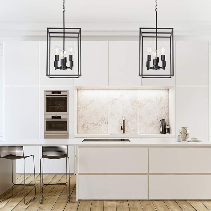 VINLUZ Classic Foyer Pendant Lighting 6 Light Black Farmhouse Chandelier Finish with Square Cage Shades Fixtures for Kitchen Dining Room Entryway