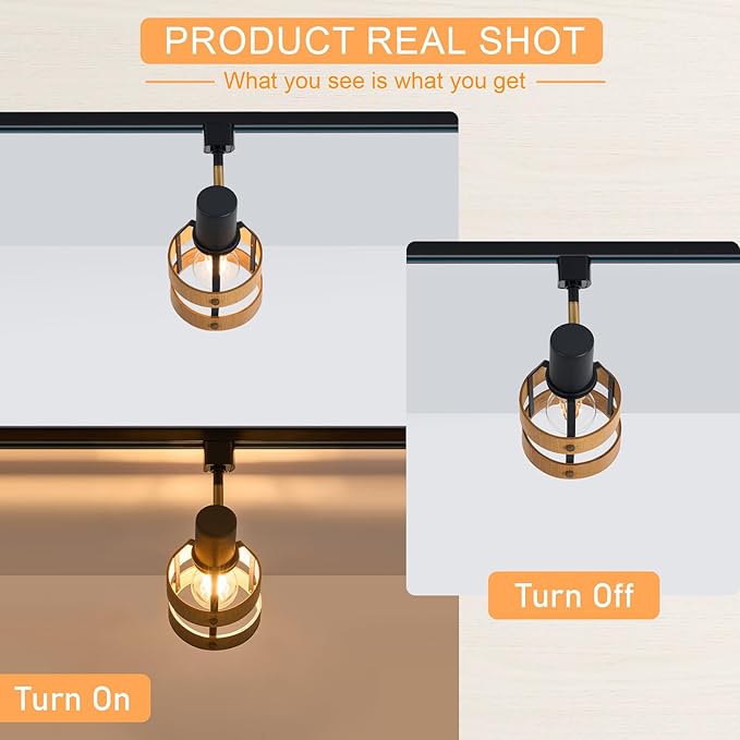 Adjustable Modern H-Type Track Lighting Heads, Farmhouse 3-Pack Real Pecan Wood and Brass Accent, Retail Display, Gallery Walls, E26 Base