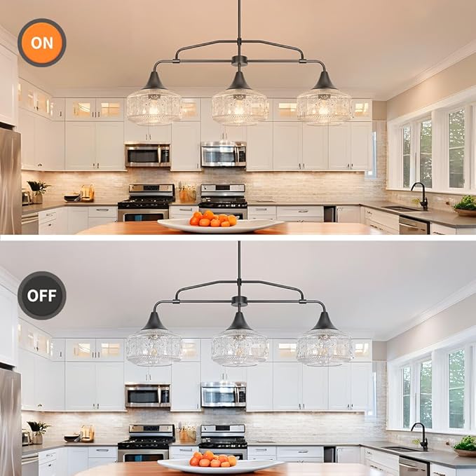 Farmhouse Kitchen Island Lighting, Black 3-Light Island Light for Kitchen, Adjustable Dining Room Light Fixture Over Table, Linear Chandelier Pendant Lighting with Clear Glass for Living Room Sink