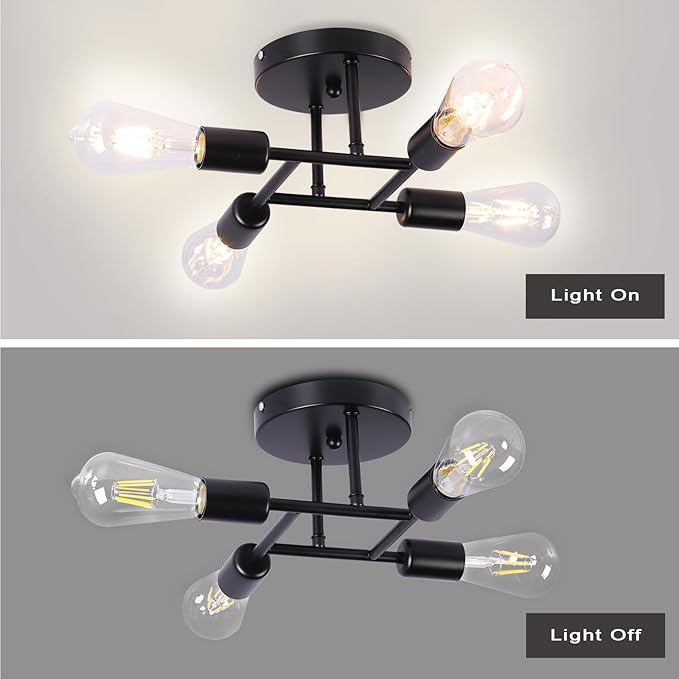 Finktonglan 4-Light Semi Flush Mount Ceiling Light, Matte Black Sputnik Ceiling Light Fixture, Modern Farmhouse E26 Chandelier for Kitchen, Dining Room, Bedroom, Hallway