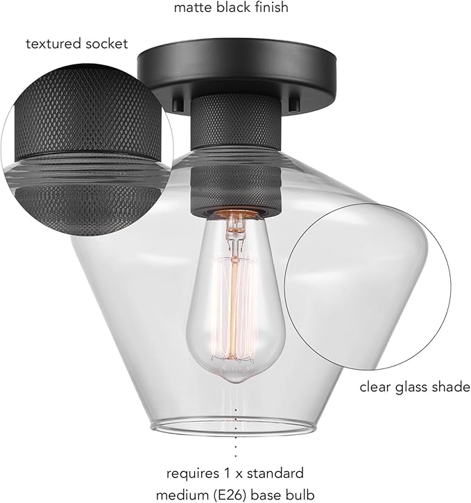 Globe Electric Harling 1-Light Semi-Flush Mount Ceiling Light, Matte Black, Clear Glass Shade, Diamond Knurl Texture on Socket, Home Improvement, Dining Room, Kitchen