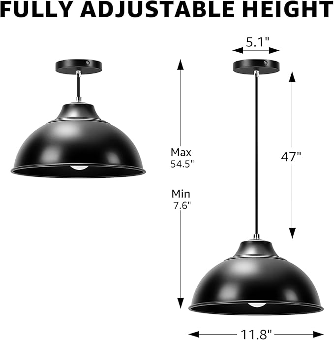 Balck Pendant Lights for Kitchen Island,Farmhouse Pendant Light Fixtures with Shade,Adjustable Height Hanging Lights for Bedroom Dining Room Entryways