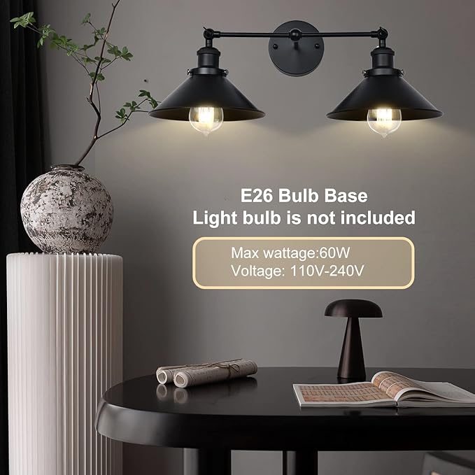 2 Lights Bathroom Vanity Light Fixture, Industrial Pipe Vintage Matte Black Metal Shade Farmhouse Wall Sconces Lighting