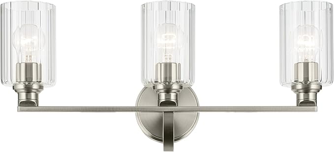 Kichler Gioe 24.25 in 3-Light Bathroom Vanity Light Fixture with Clear Fluted Glass in Brushed Nickel, Modern Wall Mount Over Mirror for Powder Room, Damp Rated (24.25 in W x 10.5 in H), 55226NIFLU