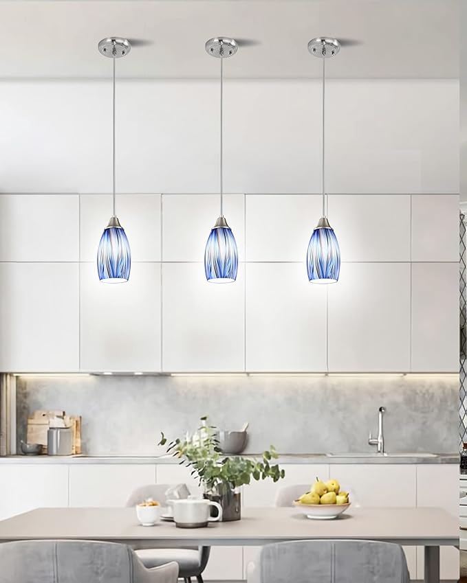 karyfine Mini Art Glass Dark Blue Pendant Lights Kitchen Island Hand Blown Mini Glass Pendant Lights with Brush Nickel Finish Adjustable Cord for Kitchen Over Sink,Hallway,Dining Room,Stairsway