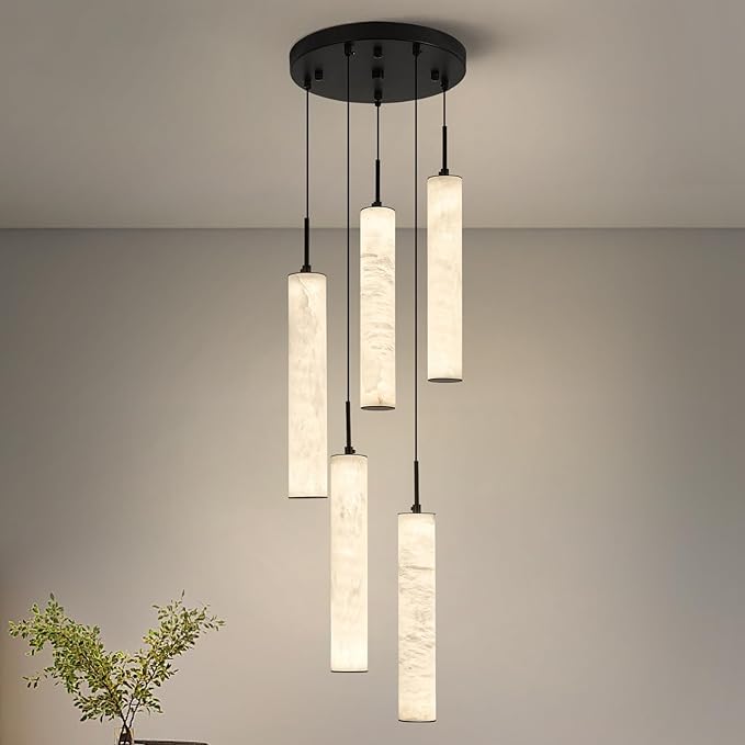 LMQNINE Natural Alabaster Pendant Lights for Kitchen Island White Marble Long Tube Chandelier 4000K Modern Black Ceiling Light Fixtures for Bedroom Dining Room Table Living Room Hallway(M-5Light)