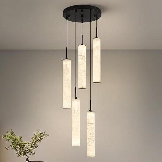 LMQNINE Natural Alabaster Pendant Lights for Kitchen Island White Marble Long Tube Chandelier 4000K Modern Black Ceiling Light Fixtures for Bedroom Dining Room Table Living Room Hallway(M-5Light)