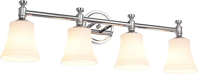 Bathroom Vanity Light Fixtures, Traditional Chrome 4 Lights Wall Sconce Lighting with Opal Glass Shade, Porch Wall Mount Light Fixture for Bathroom, Mirror Cabinets Hallway Stairs