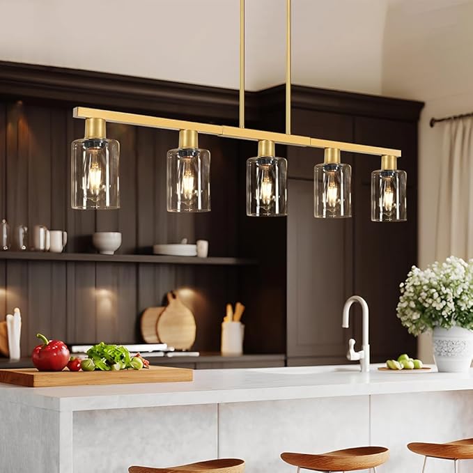 5-Light Kitchen Island Lighting Gold Adjustable Chandelier, Farmhouse Dining Room Light Fixtures Over Table, Height Adjustable Linear Pendant Light Fixture with Clear Glass Shade for Kitchen