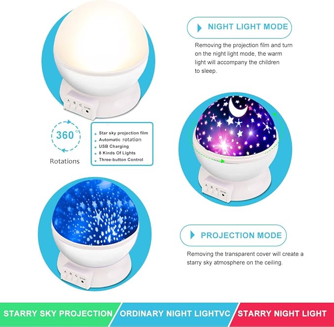 MOKOQI Star Projector Night Lights for Kids, Fun Gifts for 1-4-6-14 Year Old Girl and Boy, Projection Lamp for Kids Bedroom Ceiling, Stars and Moon for Child Asleep Peacefully (White)