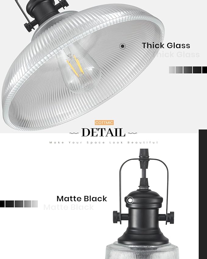 Black Glass Pendant Lights Kitchen Island, 12in, Ribbed Glass Kitchen Pendant Lights Fixture, Farmhouse Pendant Lighting for Dining Room Bedroom Bar Sink, 1 Pack