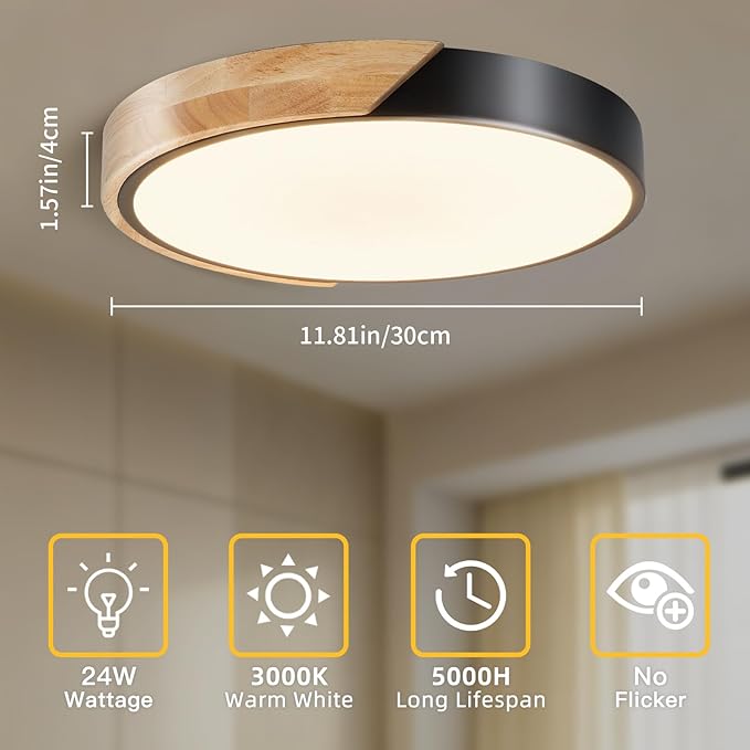 Modern Flush Mount Ceiling Light, Wood Ceiling Light Fixture, Warm White 3000K Not Dimmable, Minimalist Ceiling Lamp with Acrylic Lampshade for Bedroom, Living Room, Hallway(Black, 11.8")