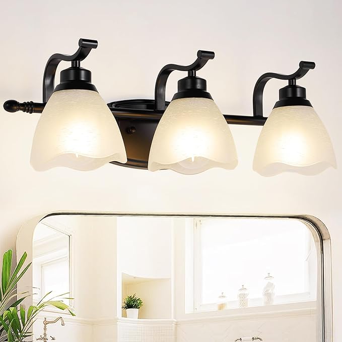 WJShome 3-Light Bathroom Light Fixture, 19.5" Vintage Vanity Lights with Frosted Glass Shades, Farmhouse Black Wall Light Fixtures, for Mirror, Living Room, Cabinet, Bedroom, Porch