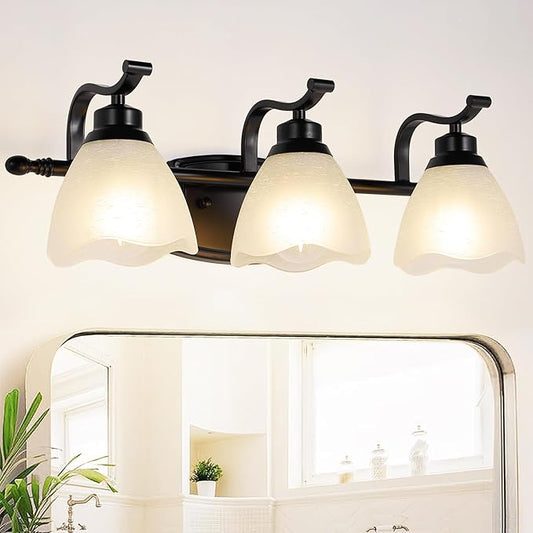 WJShome 3-Light Bathroom Light Fixture, 19.5" Vintage Vanity Lights with Frosted Glass Shades, Farmhouse Black Wall Light Fixtures, for Mirror, Living Room, Cabinet, Bedroom, Porch