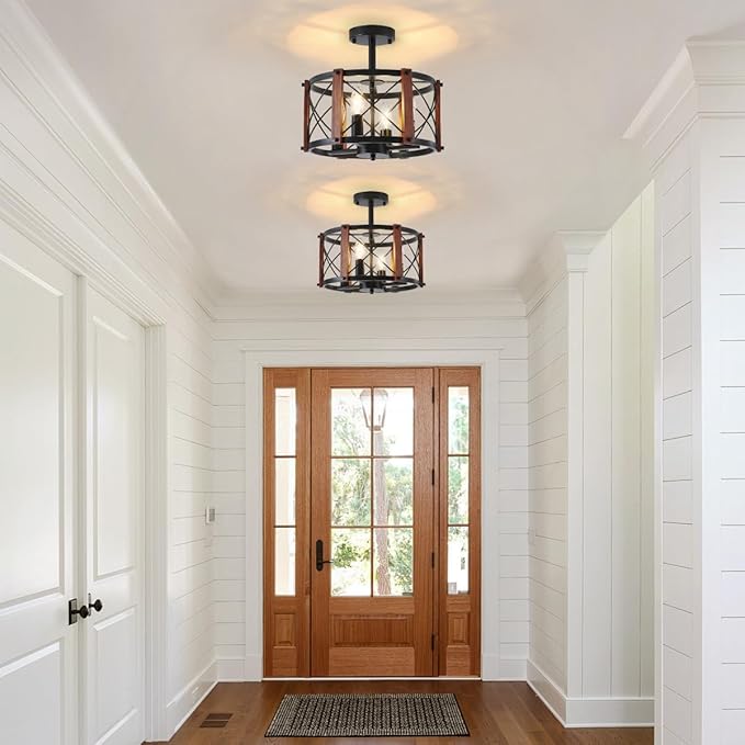 4-Light Farmhouse Wood Semi Flush Mount Ceiling Light, Black Hallway Light Fixtures, Rustic Industrial Close to Ceiling Light Fixtures for Kitchen Entryway Laundry Dining Room Ceiling Light Fixture