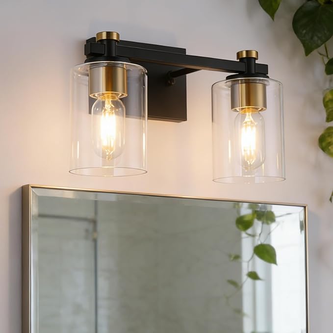 2 Light Bathroom Vanity Light, Black and Gold Bathroom Vanity Light, Bathroom Lighting Fixtures Over Mirror with Clear Glass Shade, Bathroom Light for Bathroom (E26 Base)