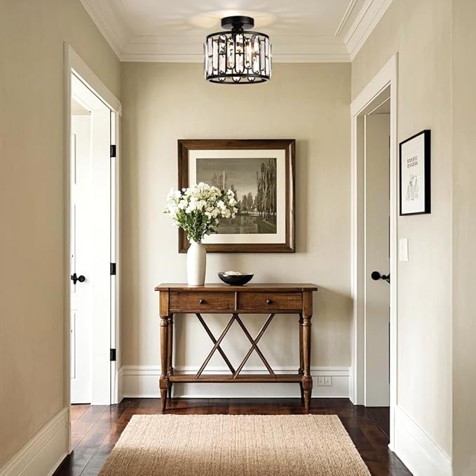 Crystal Ceiling Light, Semi Flush Mount Modern Black Ceiling Light Fixture, Crystal Chandelier, for Bathroom Hallway, Kitchen, Entryway, Bedroom, Laundry Room, Porch 1 Light E26