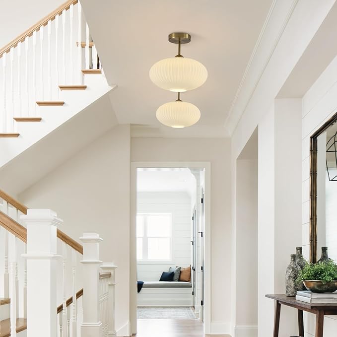 BOKT Vintage Ceiling Light Fixture 9.8" Lantern Shape Milk White Glass Ceiling Light Mid Century Modern Ceiling Pendant Light for Bedroom, Dining Table, Stairway
