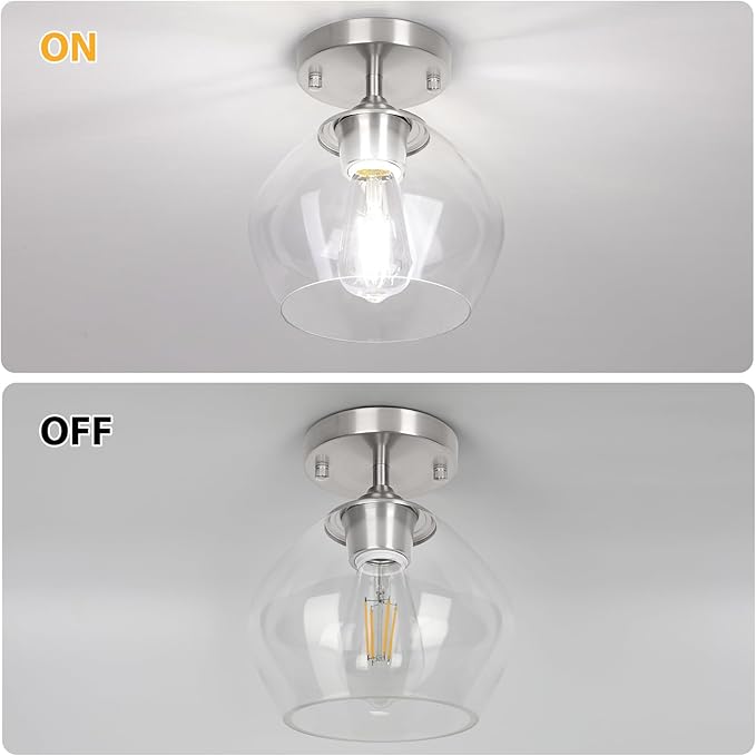 Modern Semi Flush Mount Ceiling Light with Clear Glass Shade, Industrial Close to Ceiling, Nickel Hanging Ceiling Light Fixture for Hallway, Bedroom, Dining Room, Entryway, Foyer
