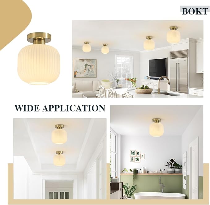 BOKT Modern Ceiling Light Brushed Brass Milk White Ribbed Glass Pendant Light Gold Semi Flush Mount Nursery Light Fixture 7.9" for Hallway, Entrance, Schoolhouse
