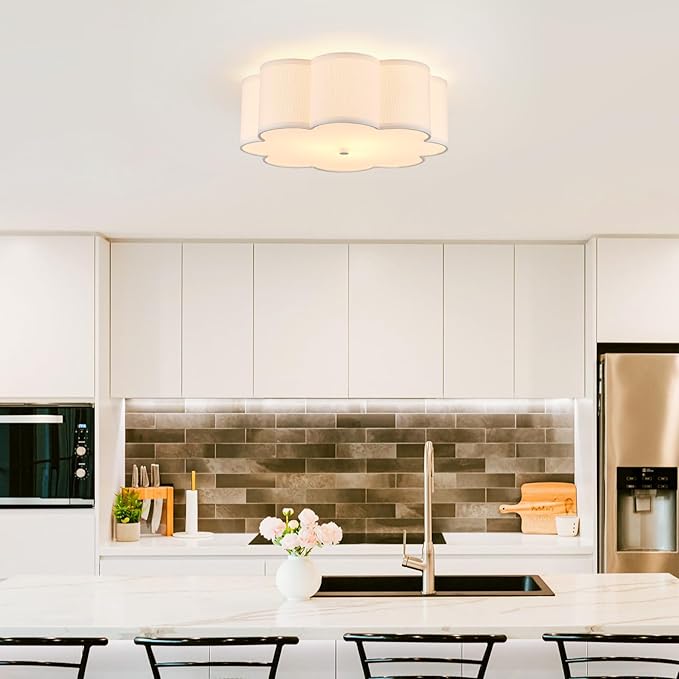 Modern Drum Semi Flush Mount Ceiling Light 3-Lights Modern 17.71" White Drum Ceiling Lighting Fixture Vintage Modern Linen Ceiling Lamp for Kitchen, Basement, Bedroom, Laundry Room