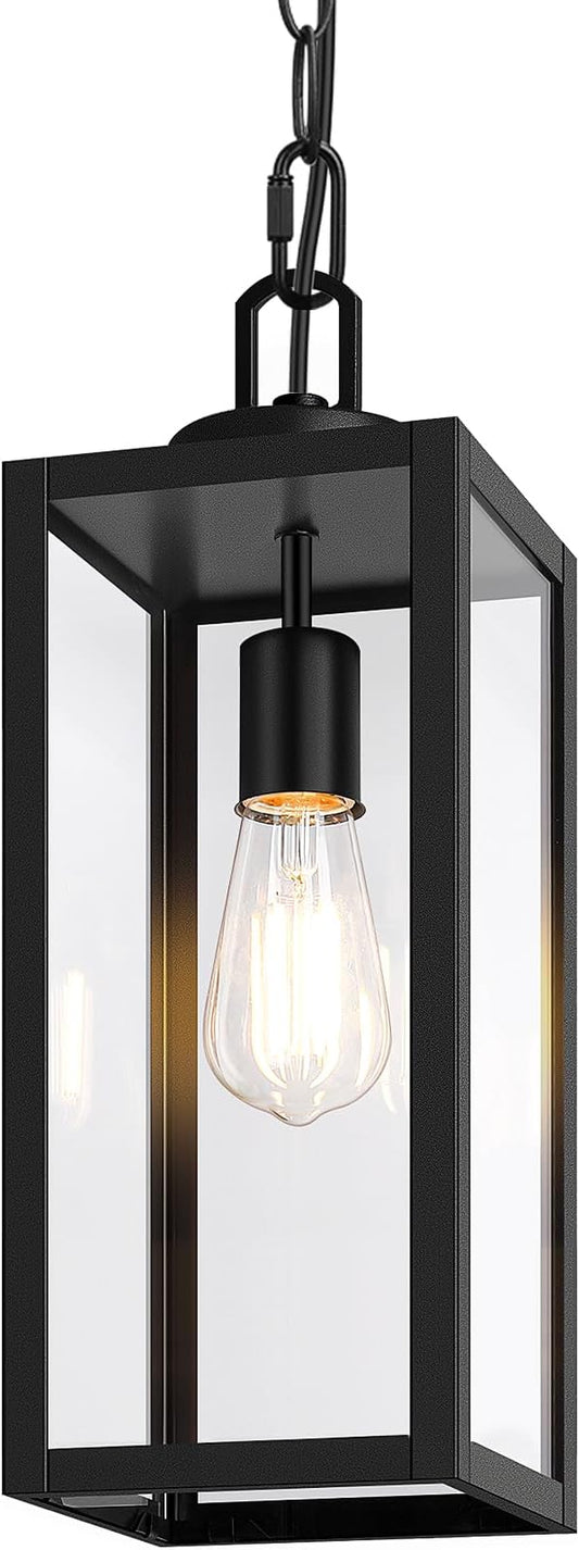 BesLowe 1-Pack Outdoor Pendant Light, 15” Modern Hanging Lantern Light for Outside, Black Exterior Pendant Lighting Fixture with Adjustable Chain, Outdoor Chandelier for Porch, Gazebo, Front Door