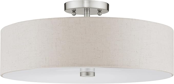 Livex Lighting 52136-91 Meridian Collection 4-Light Semi Flush Mount Ceiling Fixture with Oatmeal Color Fabric Hardback Drum Shade and Satin White Diffuser, Brushed Nickel