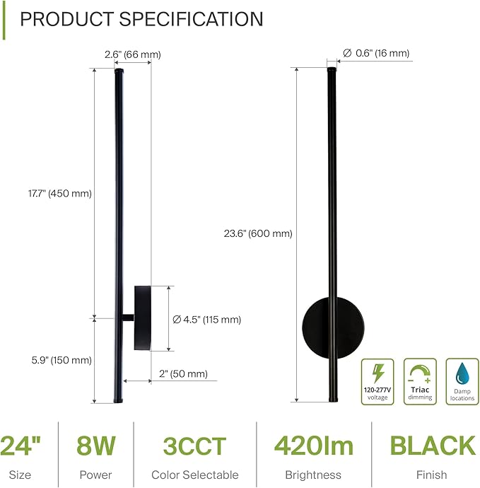 ASD LED 24" Linear Tube Wall Sconce, Modern Bathroom Light Bar | 3CCT, 360° Rotatable, Dimmable, ETL Listed | 8W 420LM 3000-5000K 100-277V | Bedroom, Hallway Vanity Lighting | Black, 2 Pack