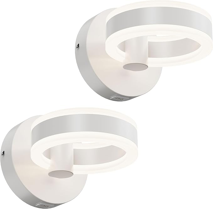 LED Wall Sconces Set of Two with ON/Off Switch, White Rotatable Hardwired Wall Light Fixtures, Built in USB Charging Port, Modern Wall Decor for Bed Lighting.