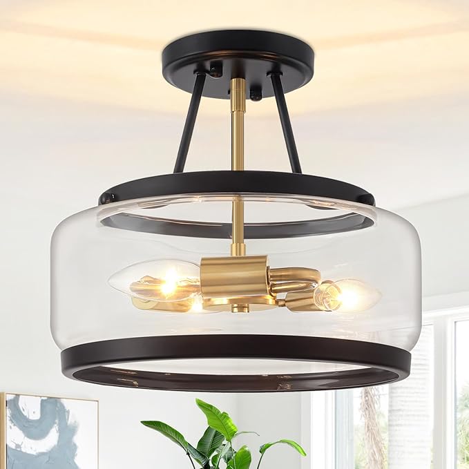 3-Light Semi Flush Mount Ceiling Light Modern Glass Drum Entryway Chandelier Black and Gold Hallway Lights Kitchen Ceiling Lighting Fixtures for Bedroom Foyer Laundry Bathroom Dining Room