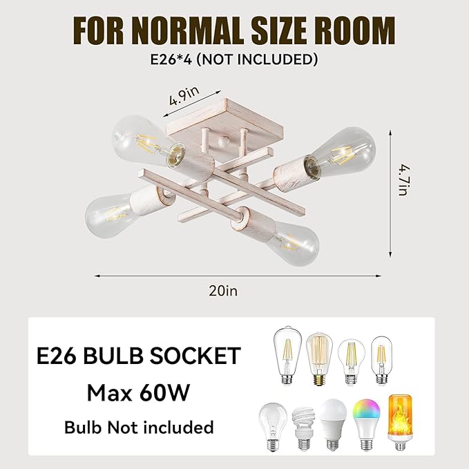Industrial 4-Light Semi Flush Mount Ceiling Light Fixture, 3 Pack Modern White Gold Chandelier Lighting, Farmhouse Sputnik Ceiling Lamp, E26 Base Pendant Lamps
