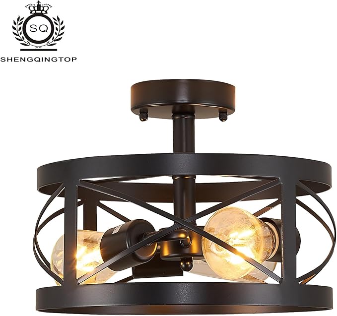 Rustic Industrial 3-Light Semi-Flush Mount Ceiling Light 13" Matte Black Round Lighting Fixtures for Kitchen Island Dining Room Bedroom Farmhouse Foyer Hallway Front Door