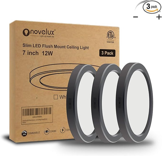 ETL Certified 7 inch Small LED Flush Mount Ceiling Light Dimmable,5000K Daylight Ultra Slim Round Flat Panel Ceiling Light Fixture,Modern Ceiling Lamp for Closet,Kitchen,Bathroom 3 Pack(Black)