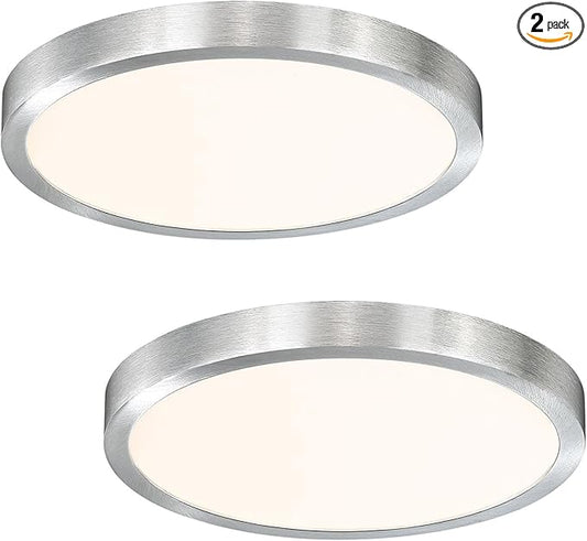 10 Inch Flush Mount Ceiling Light Fixture, Metal and Glass LED Ceiling Light Flush Mount, Slim Dimmable Flush Mount Light for Kitchen, Laundry, Low Ceiling, Brushed Nickel, 17W, 3000K, 2 Pack