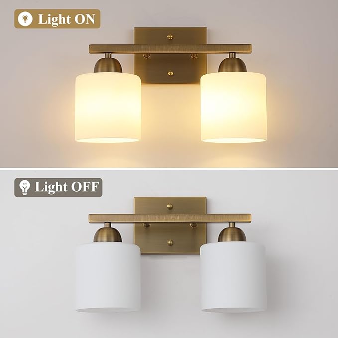Mecgirn Milk Glass Vanity Lights for Bathroom, 2 Light Brass Bathroom Light Fixtures Over Mirror, Ceramic E26 Sockets Wall Mounted
