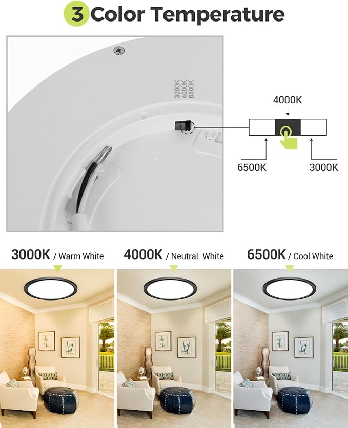 1PACK LED Flush Mount Ceiling Light - 3CCT Selectable 3000K-4000K-6500K & 100W Equivalent Modern Kitchen Recessed Ceiling Lamp 24W 3200Lm 12 Inch for Bathroom Closet Laundry Bedroom Hallway