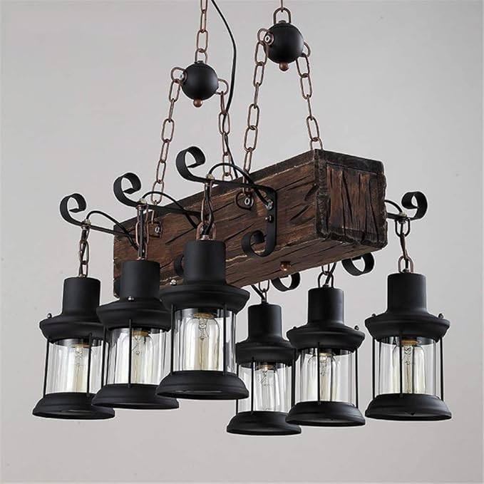 Wood Retro Vintage Pendant Lamp Industrial Metal Hanging Lamp Height Adjustable E27 6-Lights Retro Pendant Lamp Hanging Lamp Black for Kitchen Coffee Shop Dining Living Room Loft Rustic Ceiling