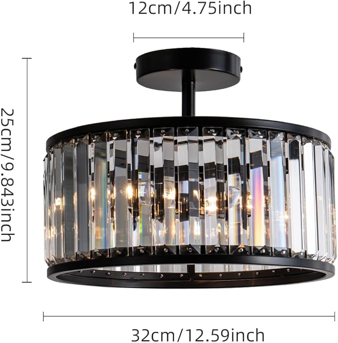 Black Crystal Ceiling Light Fixture,3 light crystal Semi Flush Mount Ceiling Lighting Fixture,Round Small kitchen ceiling light for Hallway, Entryway, Laundry Room, Kitchen, Bedroom, Foyer, Bathroom