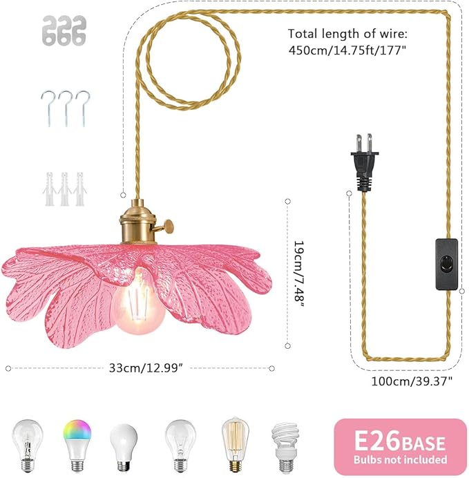 Pink Plug in Glass Pendant Light Mid Century Hanging Lamp Girls Room Plug in Ceiling Hanging Lights with 14.7 ft Long Cord for Living Room Dining Room Bedroom Kitchen Island