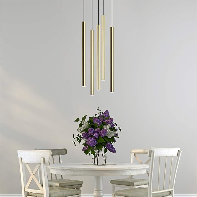 CANALIS 5 Mini Pendant Lighting Brass - LED Hanging Light Fixture for Kitchen Island, Bar, Foyer - Cluster Pendants - Dimmable, Adjustable Wire, Lamp Bulb Included