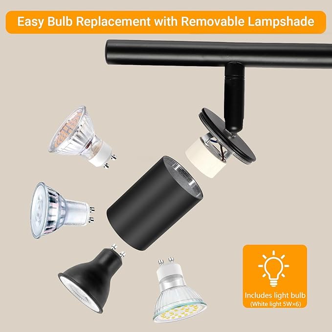Plug in Track Lighting Kit, 120cm LED 6 Light Kitchen Track Lighting, Corded Wall Light with 16.4ft Cord, 6 Way Ceiling Spot Lighting Flexibly Rotatable Head Includes 6 x GU10 Bulb (6-Black-120cm)