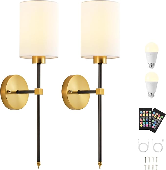Battery Operated Wall Sconce Set of Two, Wireless Rechargeable Wall Light With Remote Control, Dimmable, 4 Color Temperatures, RGB, Timer, for Living Room,Bedroom,Entryway, Black Gold, 26.8 Inch