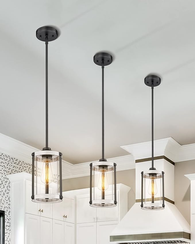 Farmhouse Pendant Light Fixtures, 1-Light Rustic Oak White Pendant Light Fixtures, Mini Glass Hanging Lighting with Rod for Kitchen Island Bar Bedroom, Adjustable Length, OS-3015