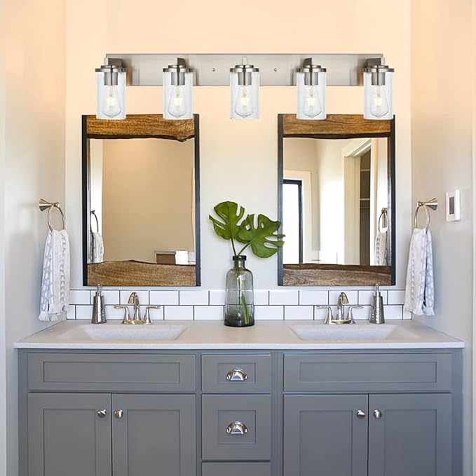 BONLICHT Brushed Nickel Bathroom Light Fixtures 5 Light Modern Vanity Lights Industrial Glass Wall Sconce Farmhouse Bath Lighting Over Mirror Wall Mount for Kitchen Living Room Hallway Workshop