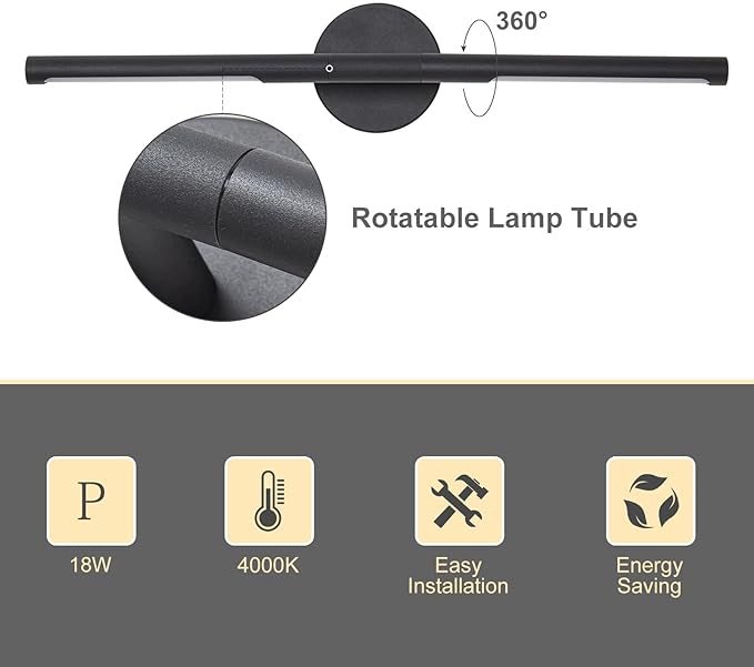 Matte Black Bathroom Light Fixtures Over Mirror 24 Inch, 18W 360° Rotatable Dimmable 4000K Led Vanity Light Bar, Modern Bathroom Vanity Lights Above Mirror, Led Bathroom Lighting